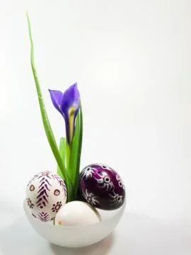 Iris flower with easter eggsd Stock Photos
