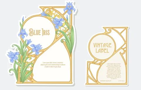 Iris flower. Set of 2 labels, decorative frames, borders. Good for product la Stock Illustration