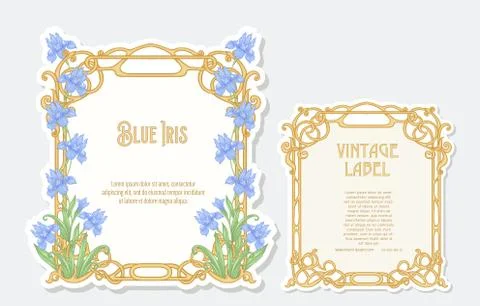 Iris flower. Set of 2 labels, decorative frames, borders. Good for product la Stock Illustration