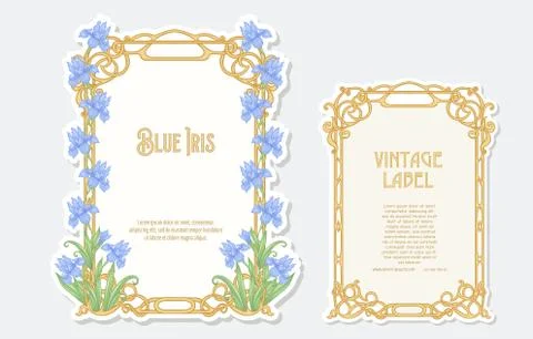Iris flower. Set of 2 labels, decorative frames, borders. Good for product la Stock Illustration
