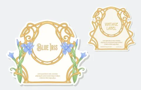 Iris flower. Set of 2 labels, decorative frames, borders. Good for product la Stock Illustration