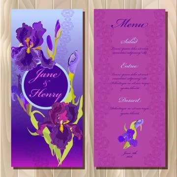 Iris flower wedding menu card. Printable Vector illustration Stock Illustration