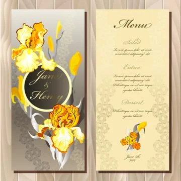 Iris flower wedding menu card. Vector illustration Ilustración de archivo