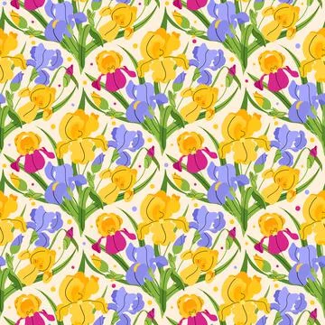 Iris flowers seamless pattern with leaves on beige background. Summer vector Illustrazione stock