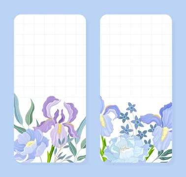 Iris Purple Flower Notes Card Design Vector Template Illustrazione stock