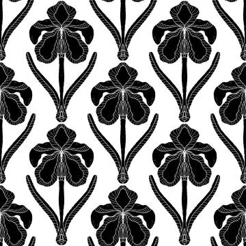 Iris. Seamless floral pattern with stylized decorative flowers and leaves in  Stock Illustration