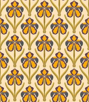 Iris. Seamless floral pattern with stylized decorative flowers and leaves in  Illustrazione stock