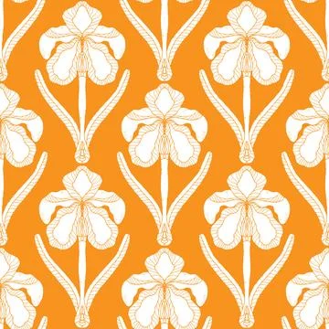 Iris. Seamless floral pattern with stylized decorative flowers and leaves in  Stock Illustration
