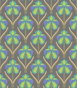 Iris. Seamless floral pattern with stylized decorative flowers and leaves in  Stock Illustration