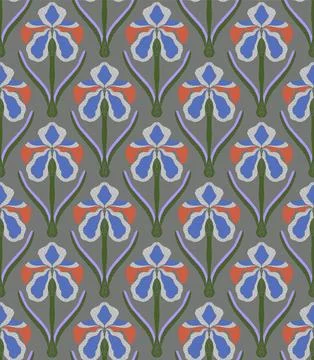 Iris. Seamless floral pattern with stylized decorative flowers and leaves in  Illustrazione stock