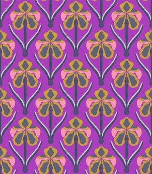 Iris. Seamless floral pattern with stylized decorative flowers and leaves in  Stock Illustration