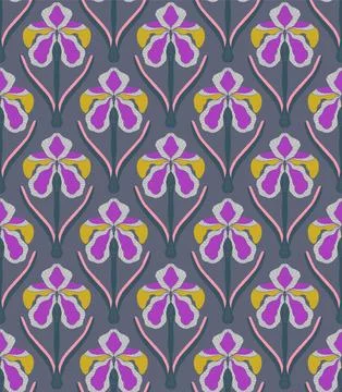 Iris. Seamless floral pattern with stylized decorative flowers and leaves in  Stock Illustration
