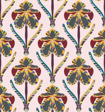 Iris. Seamless floral pattern with stylized decorative flowers and leaves in  Illustrazione stock