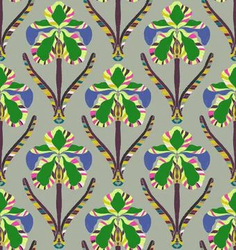 Iris. Seamless floral pattern with stylized decorative flowers and leaves in  Stock Illustration