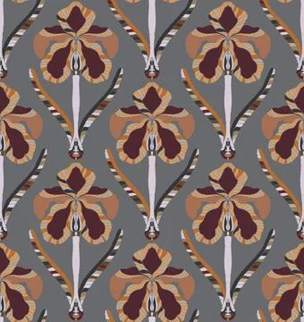 Iris. Seamless floral pattern with stylized decorative flowers and leaves in  Stock Illustration