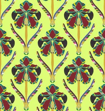 Iris. Seamless floral pattern with stylized decorative flowers and leaves in  Illustrazione stock