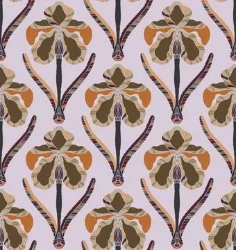 Iris. Seamless floral pattern with stylized decorative flowers and leaves in  Stock Illustration