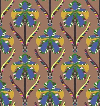 Iris. Seamless floral pattern with stylized decorative flowers and leaves in  Stock Illustration