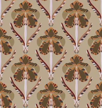 Iris. Seamless floral pattern with stylized decorative flowers and leaves in  Stock Illustration