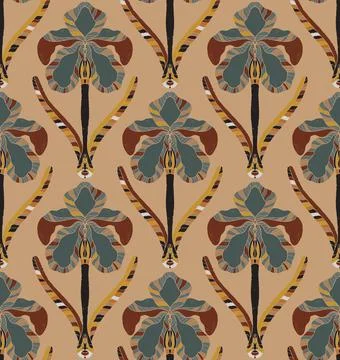 Iris. Seamless floral pattern with stylized decorative flowers and leaves in  Stock Illustration