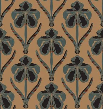 Iris. Seamless floral pattern with stylized decorative flowers and leaves in  Stock Illustration