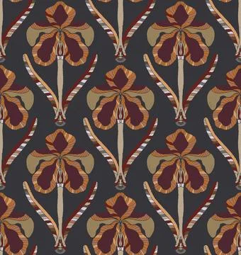 Iris. Seamless floral pattern with stylized decorative flowers and leaves in  Stock Illustration