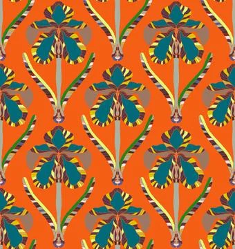 Iris. Seamless floral pattern with stylized decorative flowers and leaves in  Stock Illustration