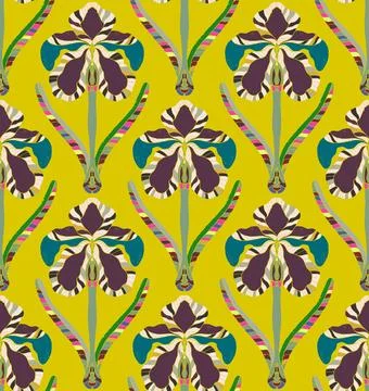 Iris. Seamless floral pattern with stylized decorative flowers and leaves in  Stock Illustration