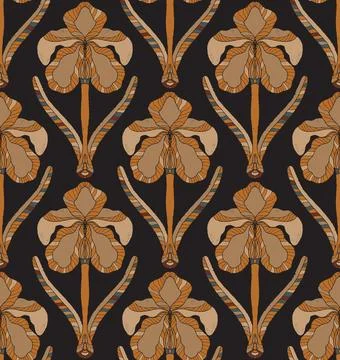 Iris. Seamless floral pattern with stylized decorative flowers and leaves in  Illustrazione stock