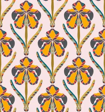 Iris. Seamless floral pattern with stylized decorative flowers and leaves in  Stock Illustration