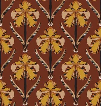 Iris. Seamless floral pattern with stylized decorative flowers and leaves in  Illustrazione stock