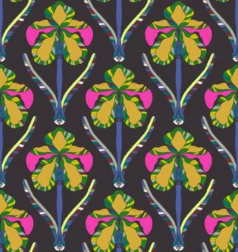 Iris. Seamless floral pattern with stylized decorative flowers and leaves in  Stock Illustration