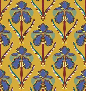 Iris. Seamless floral pattern with stylized decorative flowers and leaves in  Stock Illustration