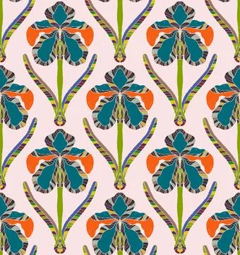 Iris. Seamless floral pattern with stylized decorative flowers and leaves in  Stock Illustration