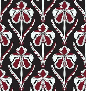 Iris. Seamless floral pattern with stylized decorative flowers and leaves in  Illustrazione stock
