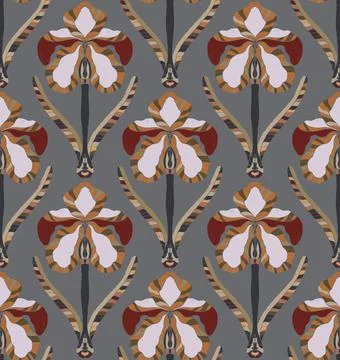 Iris. Seamless floral pattern with stylized decorative flowers and leaves in  Stock Illustration
