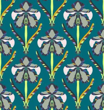 Iris. Seamless floral pattern with stylized decorative flowers and leaves in  库存插图