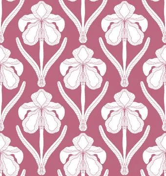 Iris. Seamless floral pattern with stylized decorative flowers and leaves in  イラスト素材