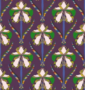 Iris. Seamless floral pattern with stylized decorative flowers and leaves in  스톡 일러스트
