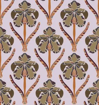 Iris. Seamless floral pattern with stylized decorative flowers and leaves in  Stockillustratie