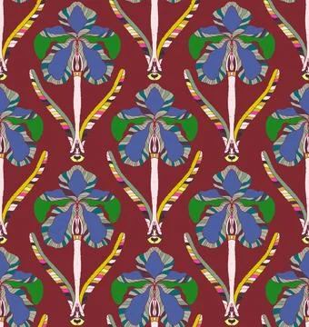 Iris. Seamless floral pattern with stylized decorative flowers and leaves in  Stock Illustration