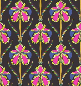 Iris. Seamless floral pattern with stylized decorative flowers and leaves in  Stock Illustration