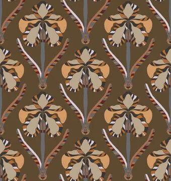 Iris. Seamless floral pattern with stylized decorative flowers and leaves in  Stock Illustration