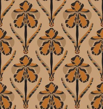 Iris. Seamless floral pattern with stylized decorative flowers and leaves in  Stock Illustration