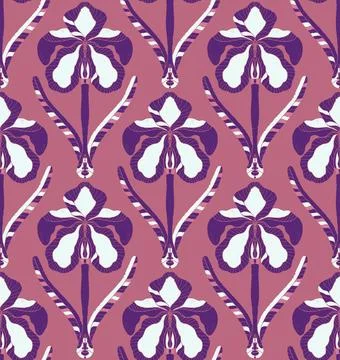 Iris. Seamless floral pattern with stylized decorative flowers and leaves in  Stock Illustration