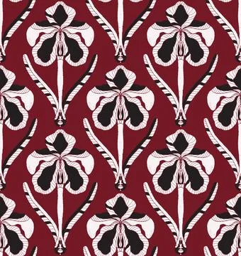 Iris. Seamless floral pattern with stylized decorative flowers and leaves in  Stock Illustration