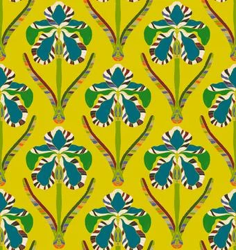 Iris. Seamless floral pattern with stylized decorative flowers and leaves in  Stock Illustration