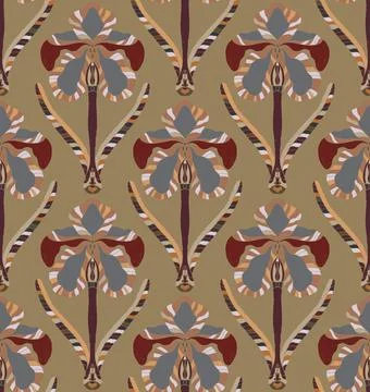 Iris. Seamless floral pattern with stylized decorative flowers and leaves in  Stock Illustration