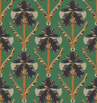 Iris. Seamless floral pattern with stylized decorative flowers and leaves in  Stock Illustration