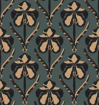 Iris. Seamless floral pattern with stylized decorative flowers and leaves in  Illustrazione stock